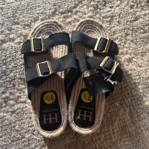 Haute Hippie Black Suede Women Espadrille Sandals with Gold Buckles